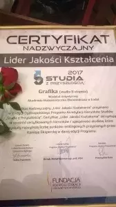 Certyfikat Nadzwyczajny "Lider Jakości Kształcenia" dla kierunku grafika