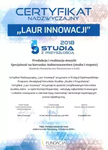 Laur Innowacyności dla specjalności produkcja i realizacja muzyki